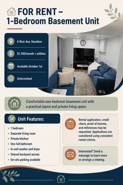 1-Bedroom Basement Apartment with Private Entrance & Laundry – Hamilton Rent: $1,600/month + utiliti...