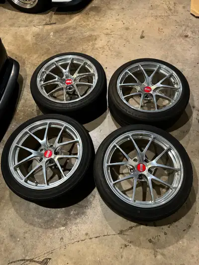 Set of 5x120 BBS RIA 18x9.5 +45 with 245/40/18 Firehawk Indy 500’s Custom polish finish from Supreme...