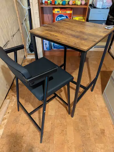 SMALL (24 X 24) BAR TABLE AND TWO CHAIRS UNUSED BUT BUILT, View more