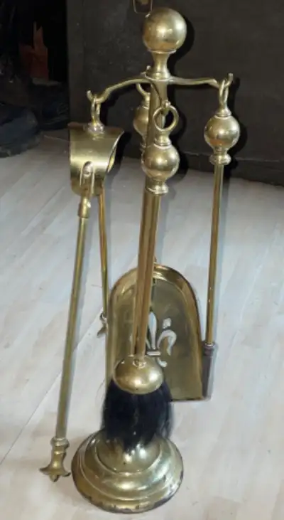 Antique Brass Fireplace Stand with 4 Tools, View more