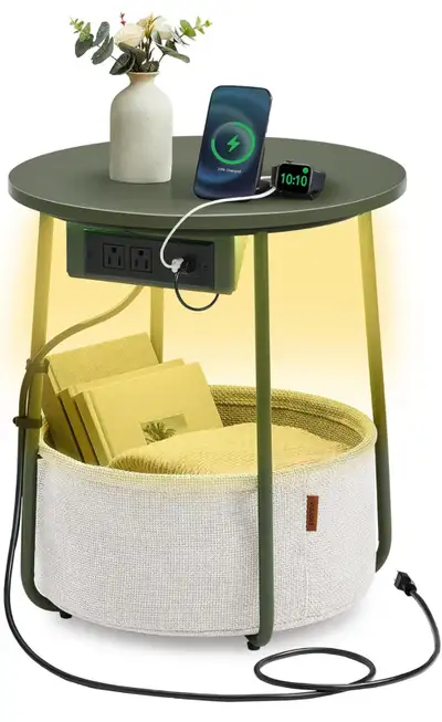 This VASAGLE LILEA Collection small round side end table features adjustable LED lights, two AC outl...
