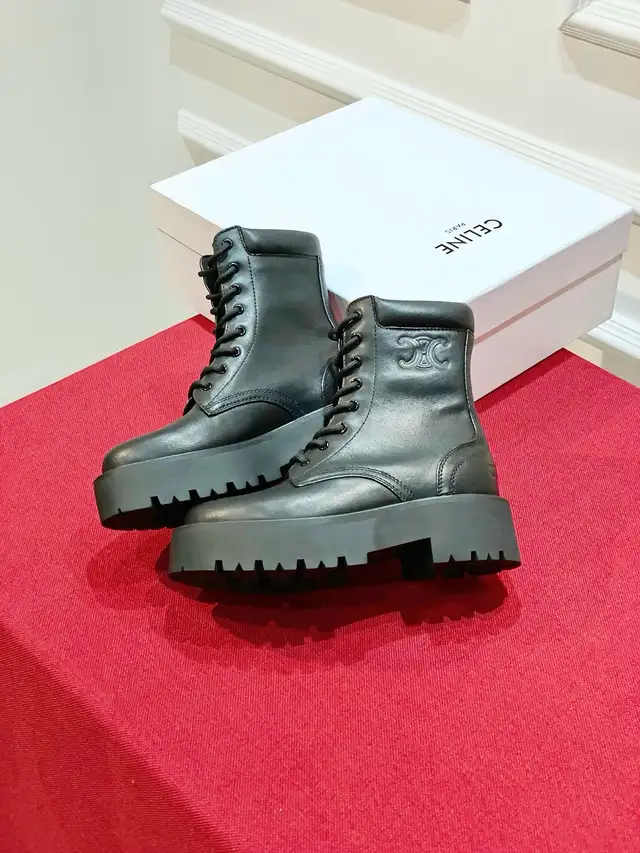 New Celine Black Leather Lace Up Platform Motorcycle Ankle Boots63235093195523123