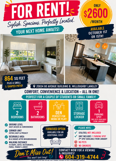 2 bed 2 bath and den (can be an office or another room) corner unit ground floor option to have unit...