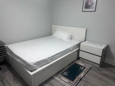 One furnished room. Queen bed, table,chair. Room has 2 closets and a window. Shared washroom.