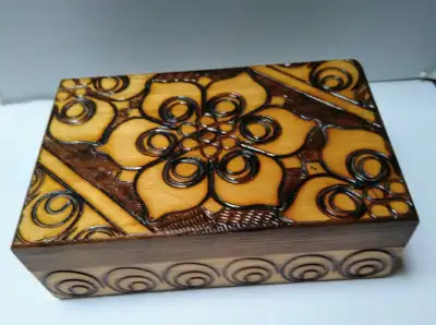 Vintage Polish Folk Art Jewellery Box, ornament box. Wood carved, wood burned. Made in Poland Vintag...