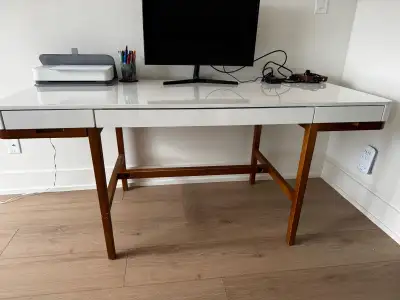 Structube desk - Adel solid ash wood desk - white lacquered top 3 drawers Width: 166 cm (65") Height...