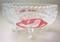Hofbauer Red Byrdes Bird Cut Glass Crystal 3 Footed Bowl
