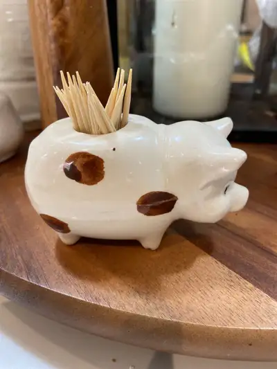 Super cute Vintage pig toothpick holder White with brown spots Approx 3 1/2” long and 2” high Made i...