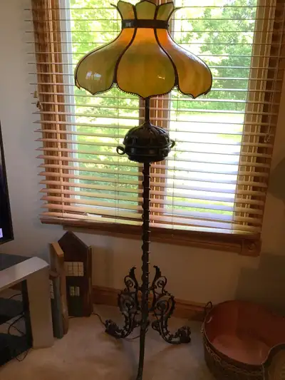 C1900 Gothic Vic 6 Panel Slag Glass Tiffany Style Cast Iron Base, View more