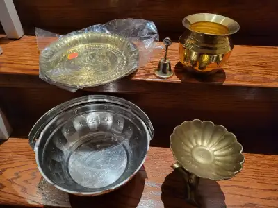 Brass Pooja and decor for sale\Brass plate $7, bell $5, brass ve, View more