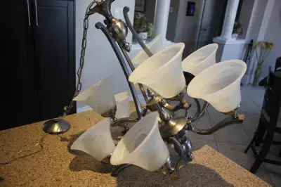 Modern 9 light chandelier. Brushed nickel. Standard bulbs. Approx 27 x 27 inches high, plus 16 inch...