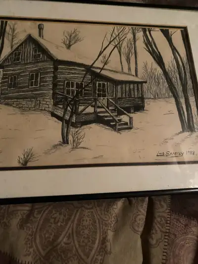 Log cabin charcoal drawing by talented artist Lois Sheppy done in 1988. 16” wide by 12” high under g...