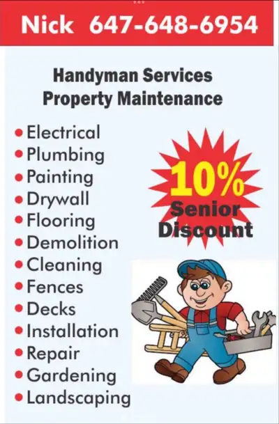 Nick:6476486954 Electrical Plumbing Hvac Demolition Painting Drywall Deck& fence Kitchen & bath Maso...