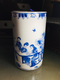 Chinese Handpainted Porcelain Large Cylindrical Brush Pot Vase