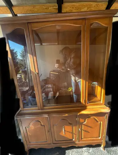 Grandma’s old set Hutch is 48” wide x 16” deep x 68” H and has 2 glass shelves in it. Comes with 6 c...