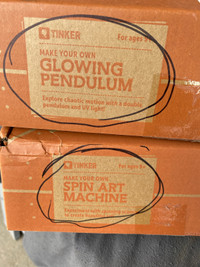 Tinker kits brand new in box. Make a glowing pendulum & spin art