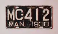Extremely rare 1938 Manitoba motorcycle license plate 