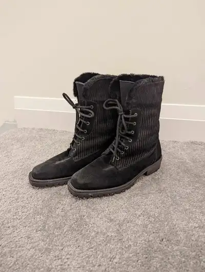 Black Lace Up Suede Winter Boots, Size EU 37, View more