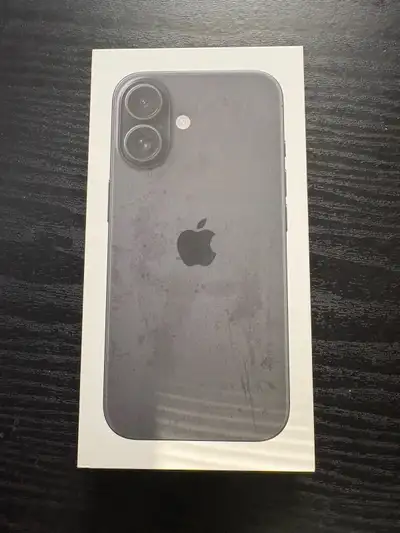 New Apple iPhone 16. It's black and has 128GB storage. Still sealed in the box, never opened.