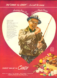 Large 1946 full-page vintage ad for candy, with fisherman