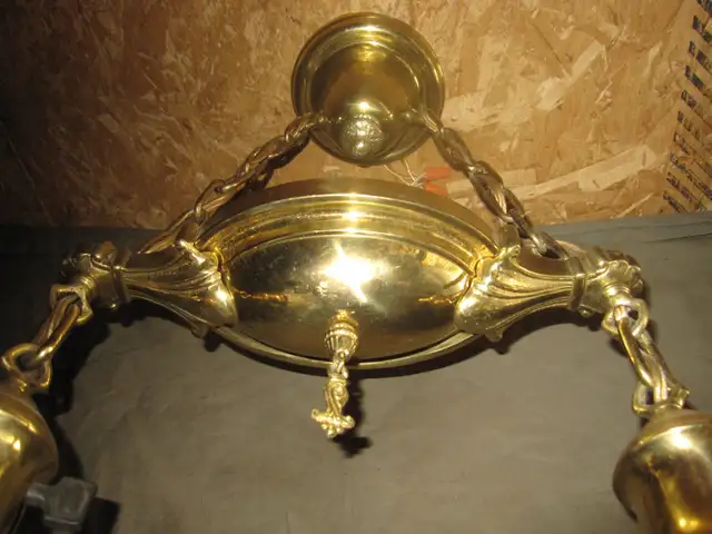 1930s ANTIQUE LIGHTING 2 ARM BRASS PAN LIGHT WITH OLD SHADES63235120722561123