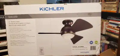 Like new Kichler Sola LED ceiling fan.Item #330150 MWH. List pri 34 inch by 11 inch.3 speed wall con...