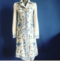 Gorgeous Blue Floral Embroidered Long Cream Wool Coat.