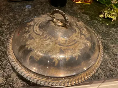 Vintage silver plate casserole dish for sale, View more