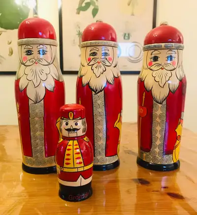 Matryoshka Folk Art wooden Christmas Santa Claus nesting doll / bottle holders. Measurements Large b...