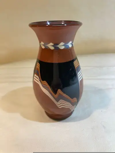 Vintage Painted & Dripped Glazed Bulgarian 5’’ Terracotta Vase, View more