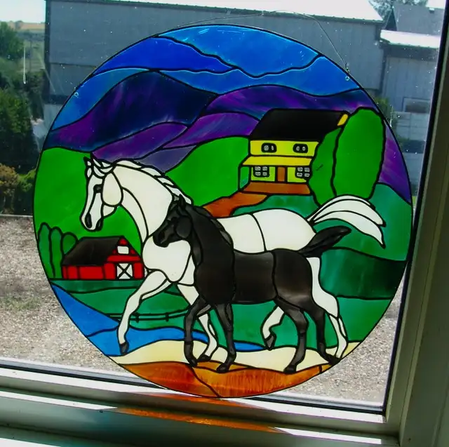 Mom& Filly Greet the Morning HANDCRAFTED  Stained Glass Painting in Arts & Collectibles in Red Deer - Image 4