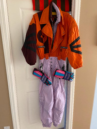 Vintage Retro Fire & Ice One Piece Ski Suit And Retro Ski Gloves