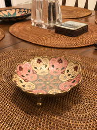 MCM Brass Footed Trinket Dish With Enamelled Pastel Floral Motif