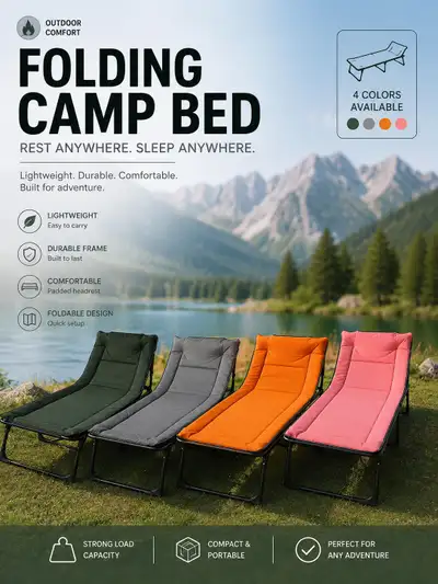 Heavy-Duty Folding Camp Bed | Portable | Comfortable | 4 Colo, View more