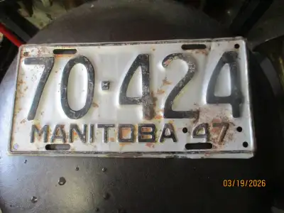 1947 MANITOBA CAR LICENSE PLATE $25 MANCAVE DECOR VINTAGE, View more