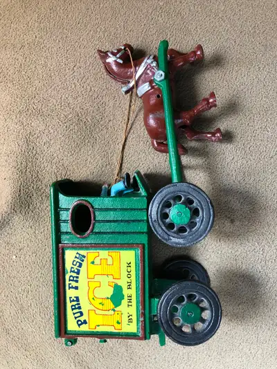 Vintage cast iron Pure Fresh Ice wagon and horse toy, View more
