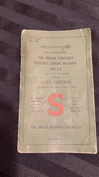This is a vintage instruction manual for a Singer 99-13 portable electric sewing machine, likely fro...