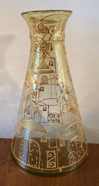Hand Blown Gold Embellished Amber Glass Carafe Decanter Vase