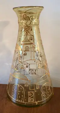 Hand Blown Gold Embellished Amber Glass Carafe Decanter Vase