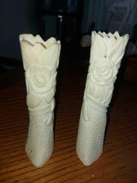 2 beautiful vintage 6" carved Bone Candle Holders with Rose moti