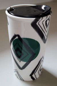 Starbucks Ceramic Travel Mug Tumbler Green Dot Black Diamond