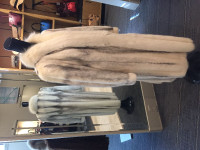 Full length white mink coat with fox collar & trim
