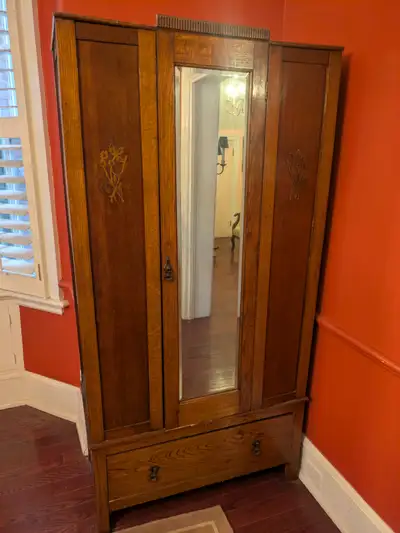 ANTIQUE LARGE WOODEN CABINET W/ MIRROR, View more
