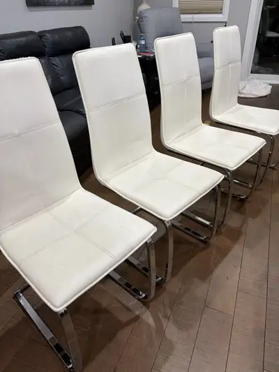 4 White Dining Chairs w Modern Chrome Base, View more