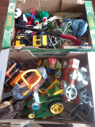 Toys. Nice. helicopter spins mechanically, bulldozer, John Deere racing tractor, catapult, rubber cr...