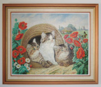 Original Acrylic Painting: 2 Kittens & Poppies