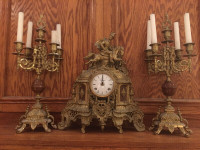 Franz Hermle Brass Horseman Clock and Candelabra Set