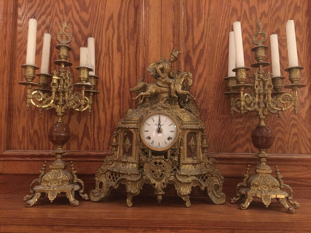 Franz Hermle Brass Horseman Clock and Candelabra Set in Arts & Collectibles in Ottawa