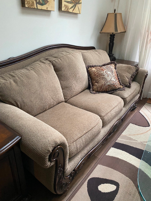 Solid wood/fabric/three-person/double clean /full set of sofa in Couches & Futons in Burnaby/New Westminster