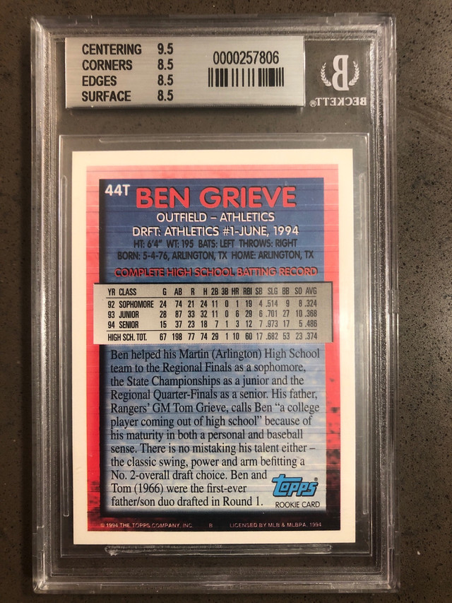 Ben Grieve Graded Draft Pick Card in Arts & Collectibles in Markham / York Region - Image 2